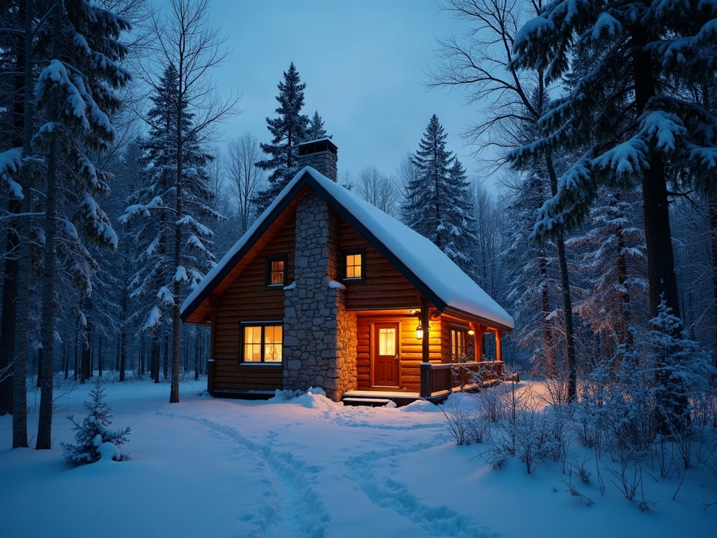 A cozy cabin in a snowy forest at dusk, warm light in the windows - generated by Forgeframe